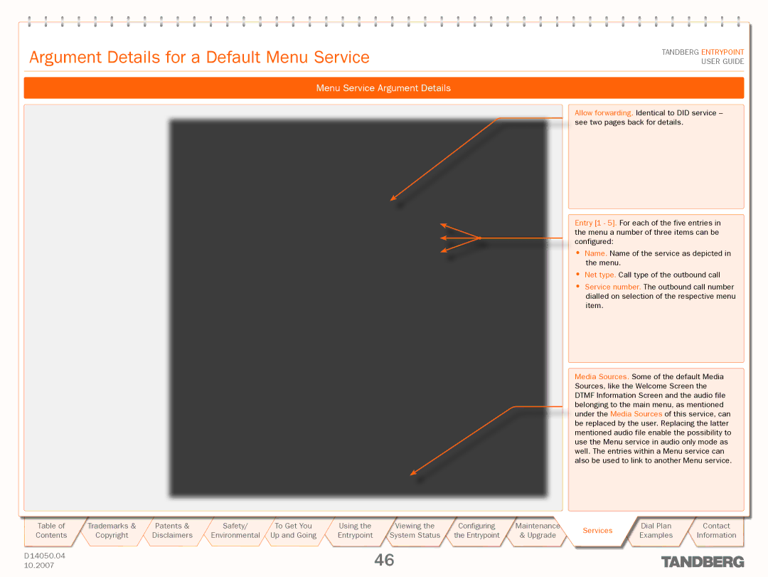 TANDBERG ENTRYPOINT manual Argument Details for a Default Menu Service, Menu Service Argument Details 