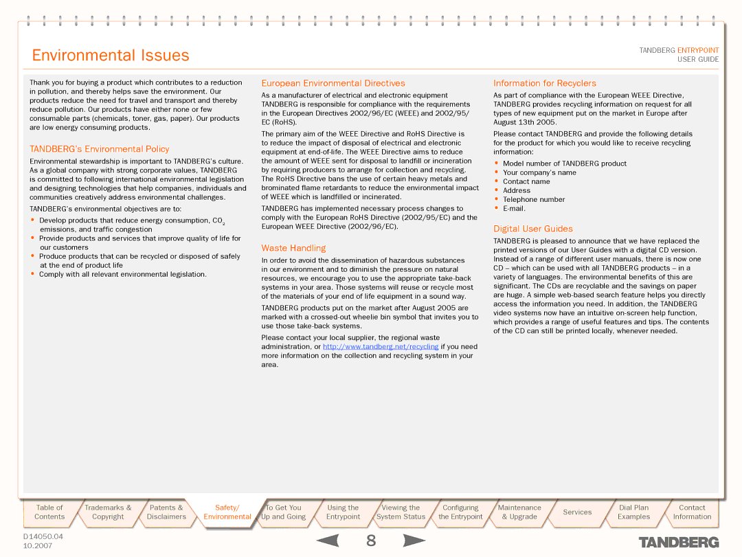 TANDBERG ENTRYPOINT manual Environmental Issues 