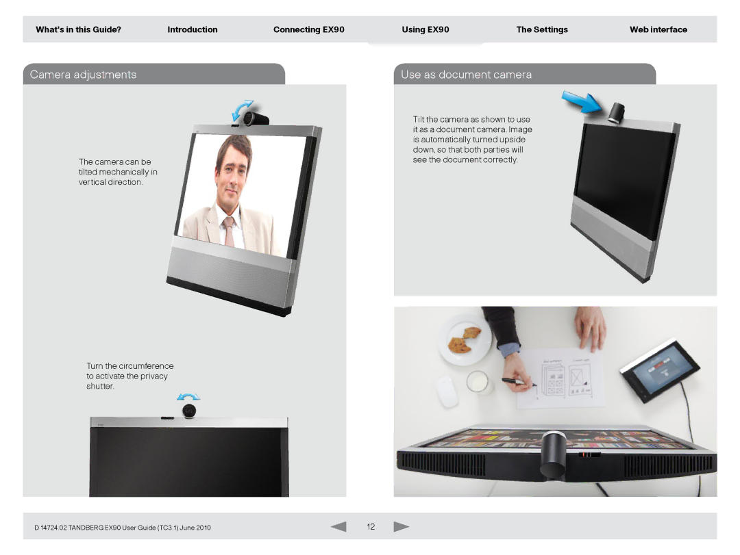 TANDBERG EX90 manual Camera adjustments, Use as document camera 