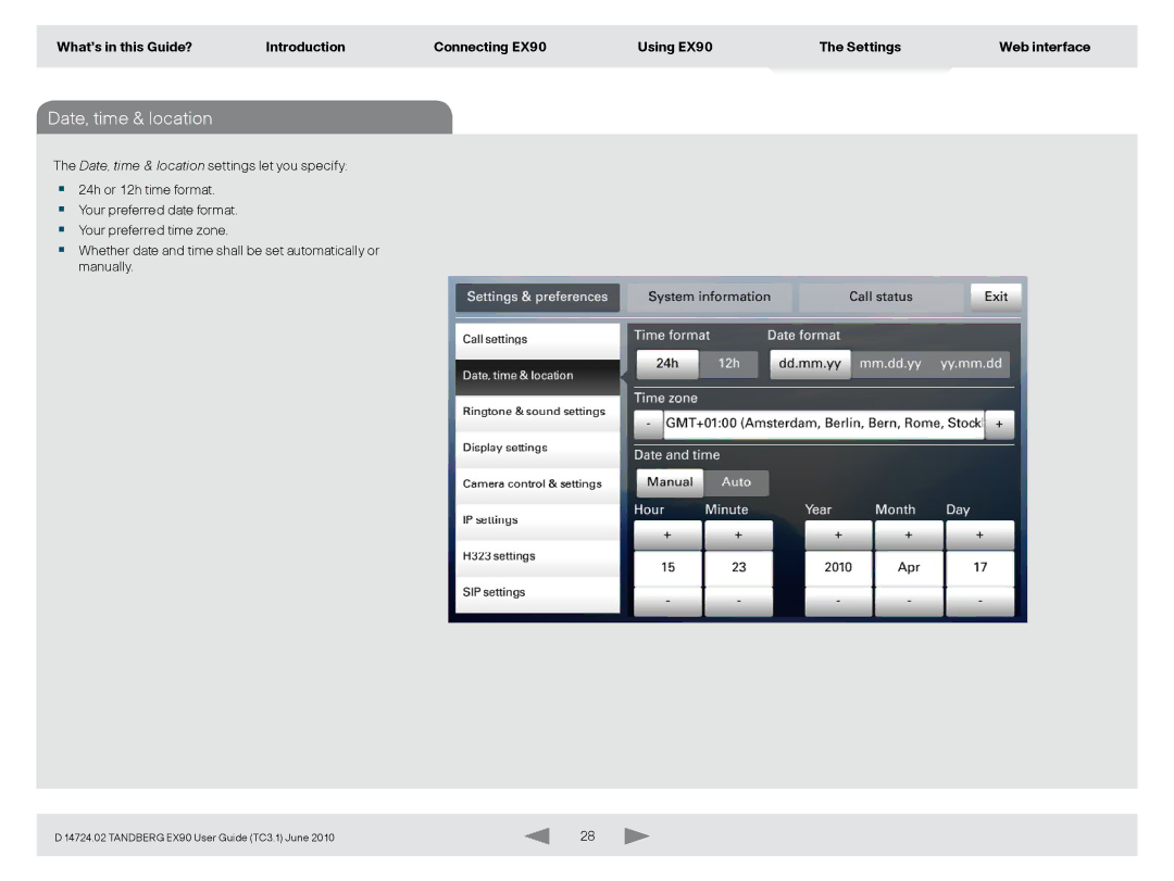 TANDBERG EX90 manual Date, time & location 