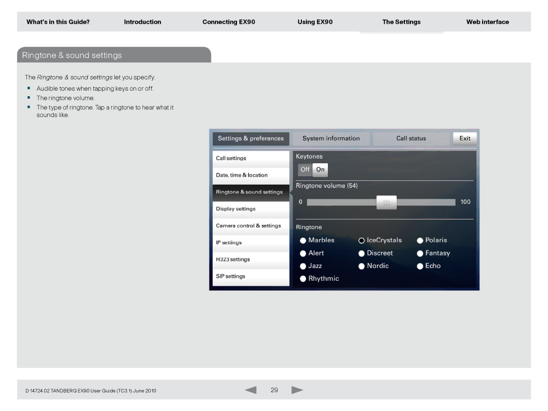 TANDBERG EX90 manual Ringtone & sound settings let you specify 