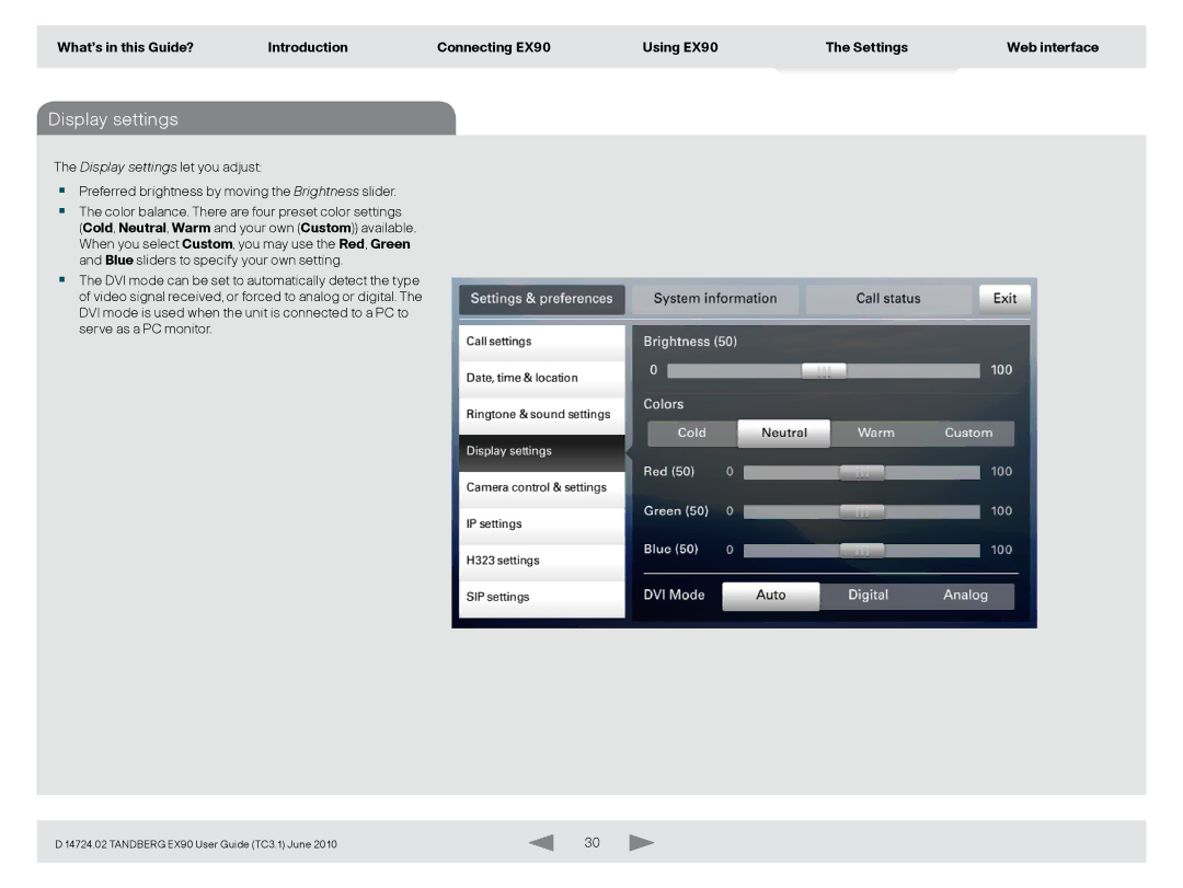 TANDBERG EX90 manual Display settings 