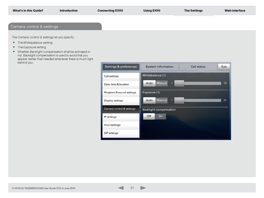 TANDBERG EX90 manual Camera control & settings 