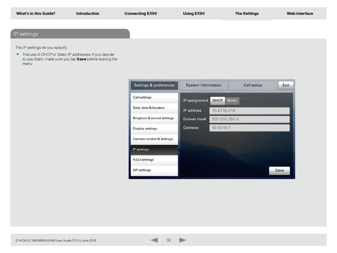 TANDBERG EX90 manual IP settings 