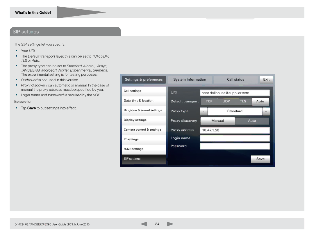TANDBERG EX90 manual SIP settings, TANDBERG, Microsoft, Nortel, Experimental, Siemens 
