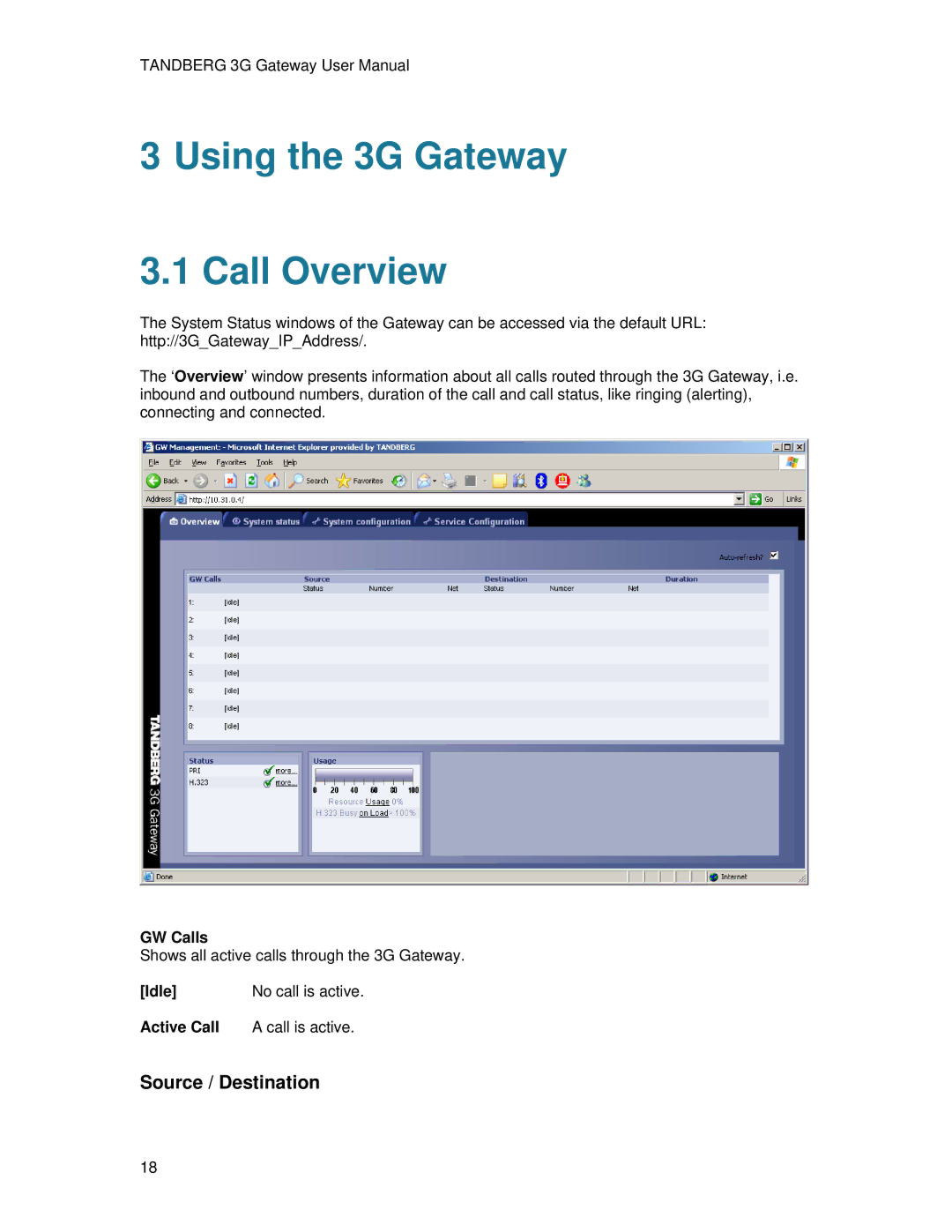 TANDBERG Hub user manual Using the 3G Gateway Call Overview, GW Calls, Idle No call is active Active Call Call is active 