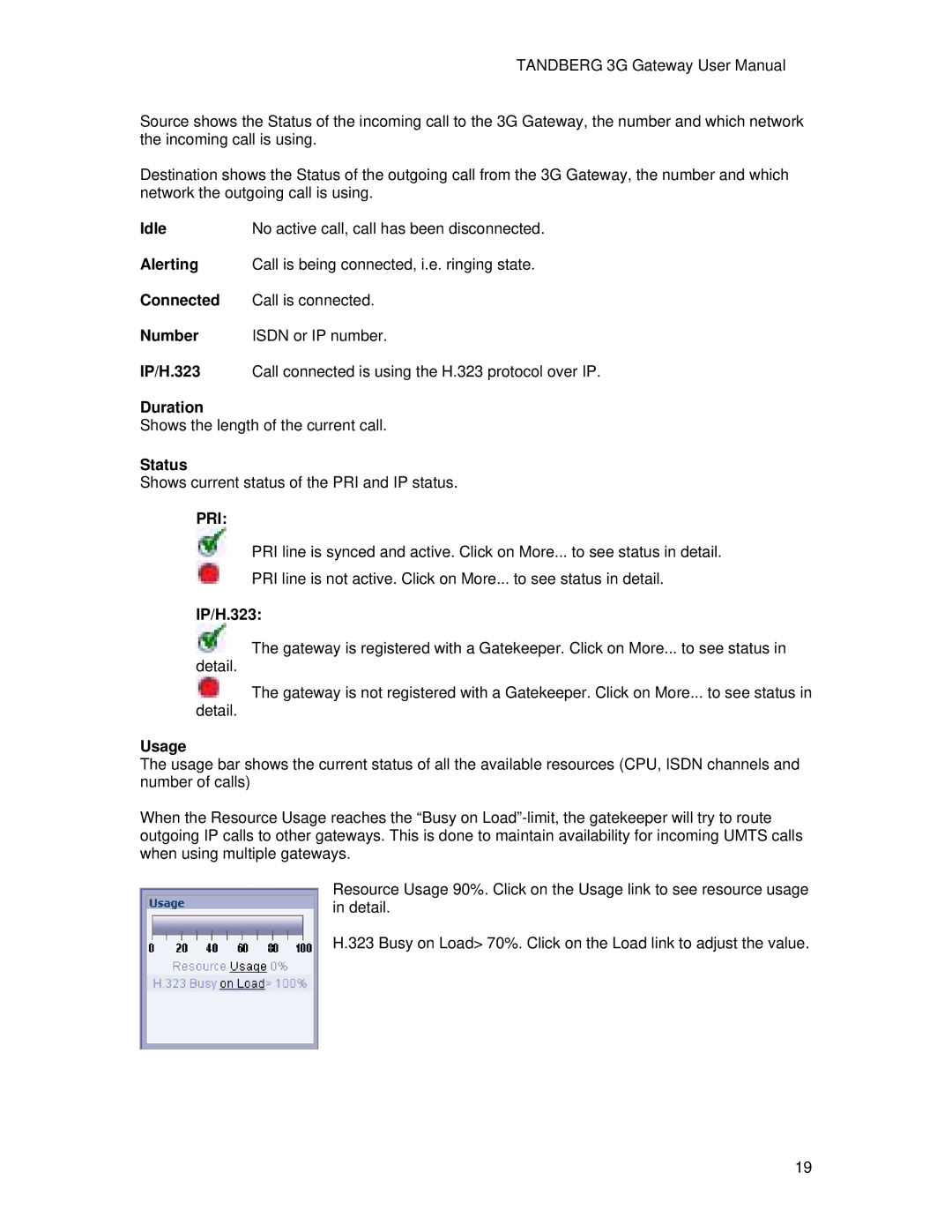 TANDBERG Hub user manual Idle No active call, call has been disconnected, Duration, Status, IP/H.323, Usage 