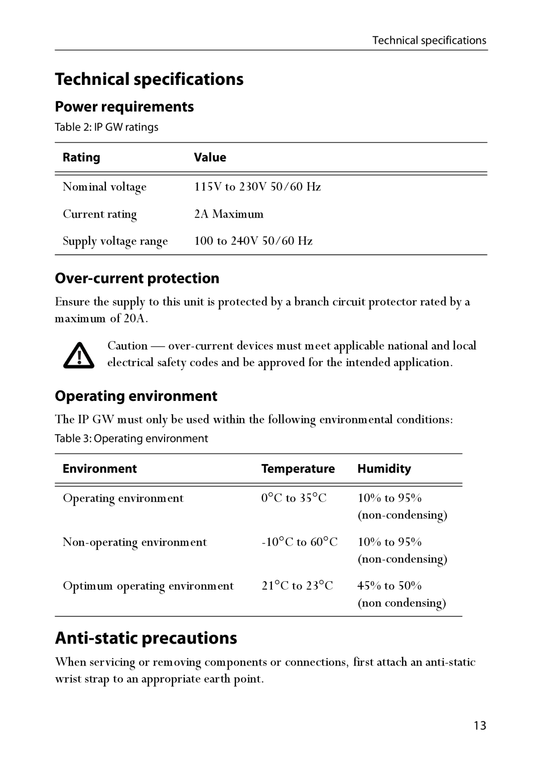 TANDBERG IP GW 3500 manual Technical specifications, Anti-static precautions, Power requirements, Over-current protection 