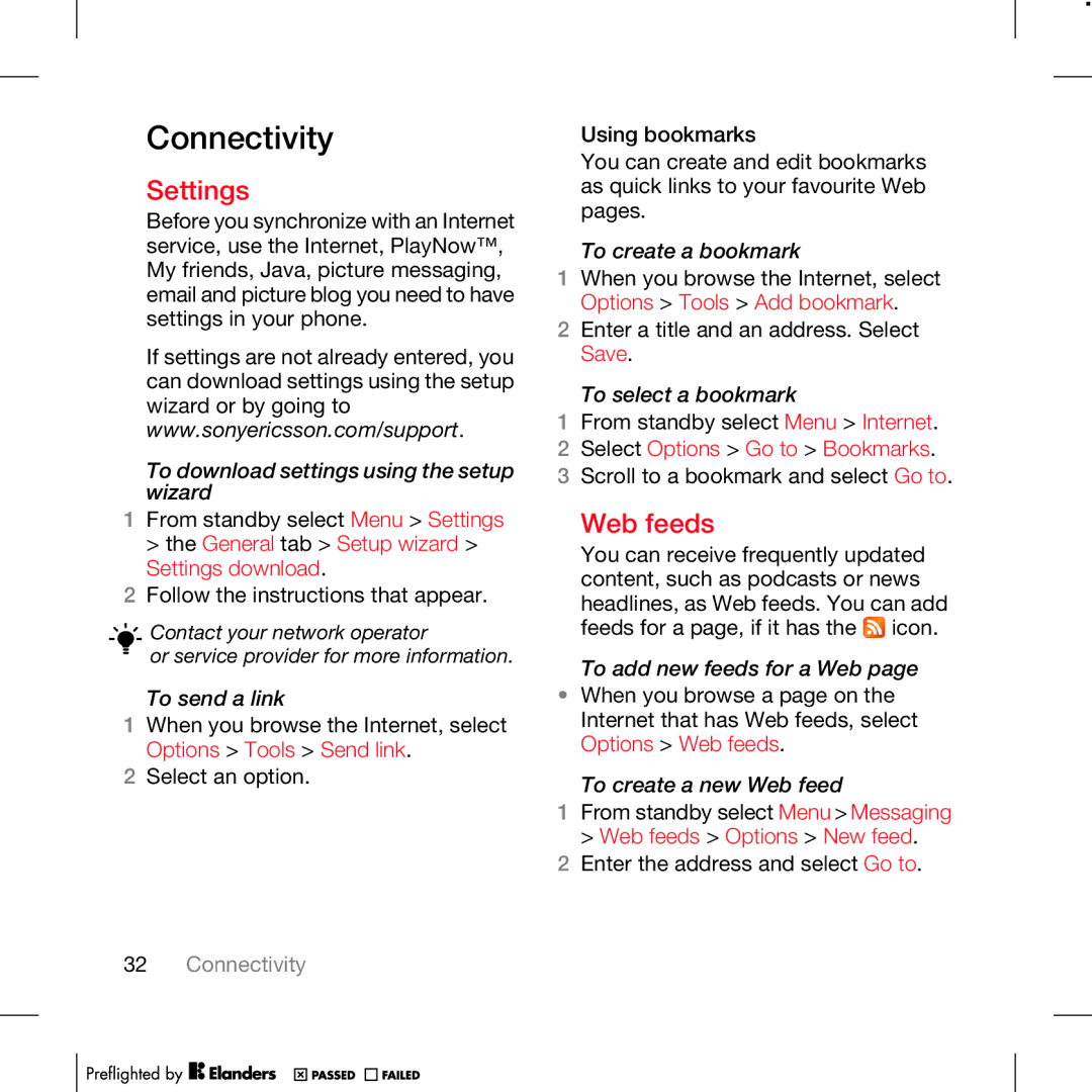 TANDBERG K630I manual Connectivity, Settings, Web feeds, Select Options Go to Bookmarks 