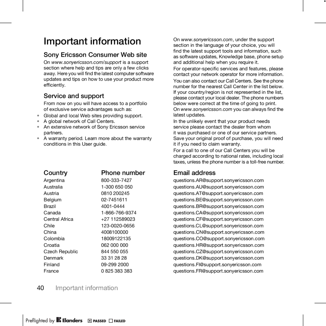 TANDBERG K630I manual Important information, Sony Ericsson Consumer Web site Service and support, Country Phone number 