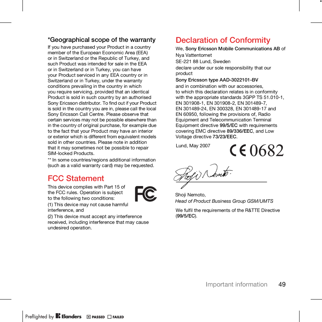 TANDBERG K630I manual FCC Statement, Declaration of Conformity, Geographical scope of the warranty 