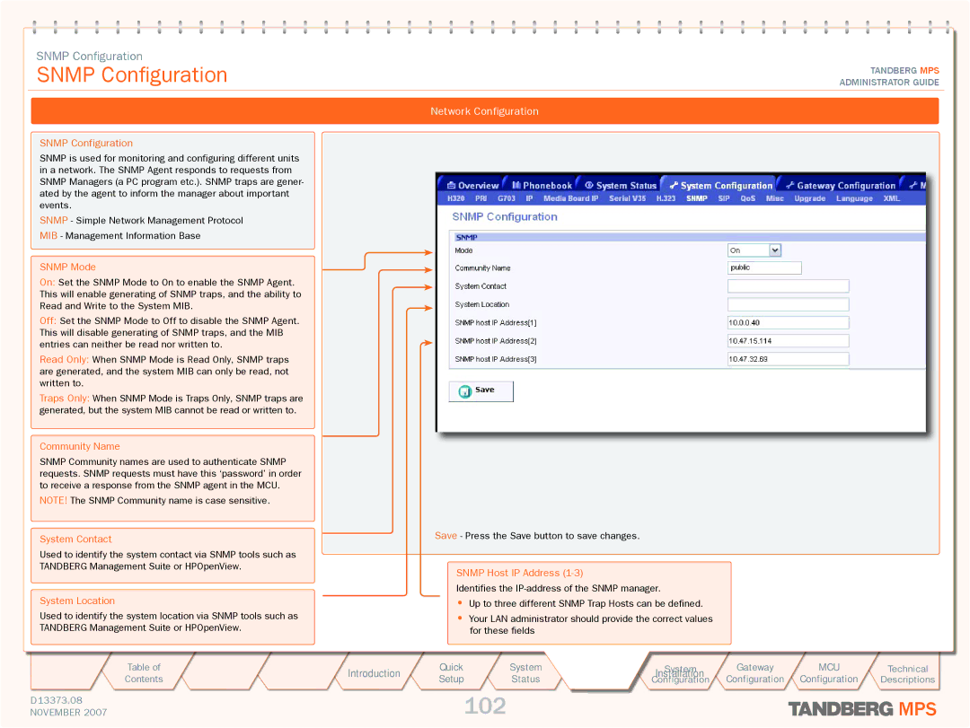 TANDBERG MPS 200, MPS 800 manual 102, Snmp Configuration 