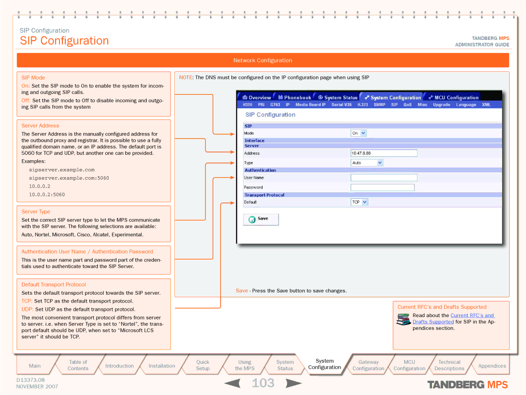 TANDBERG MPS 800, MPS 200 manual 103, SIP Configuration 