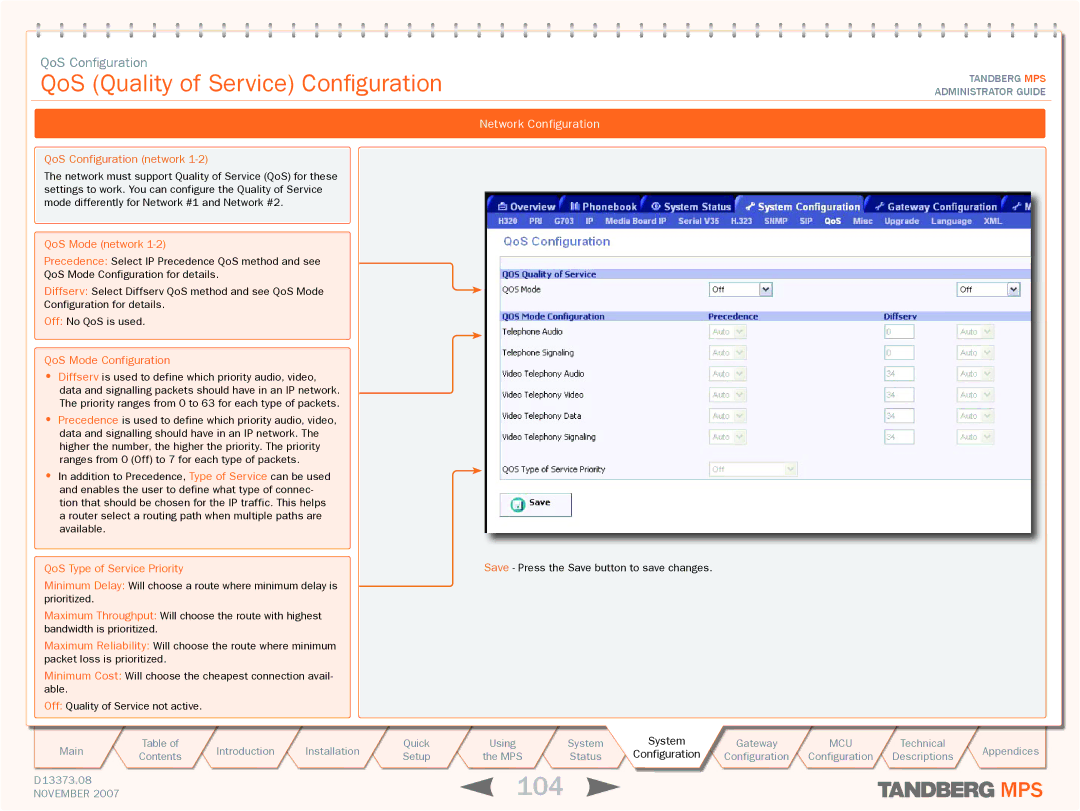 TANDBERG MPS 200, MPS 800 manual 104, QoS Quality of Service Configuration 