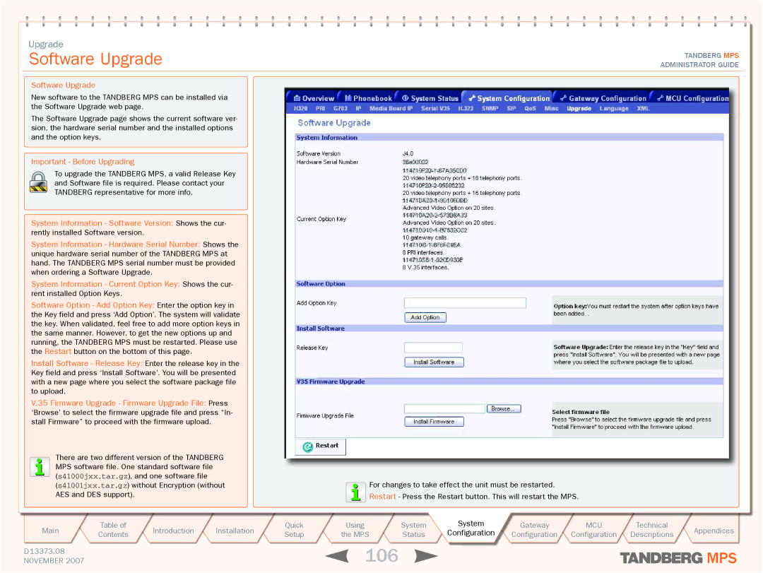 TANDBERG MPS 200, MPS 800 manual 106, Software Upgrade, Important Before Upgrading 