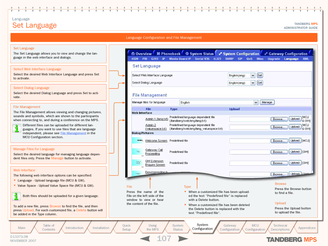 TANDBERG MPS 800, MPS 200 manual 107, Set Language, Language Configuration and File Management 