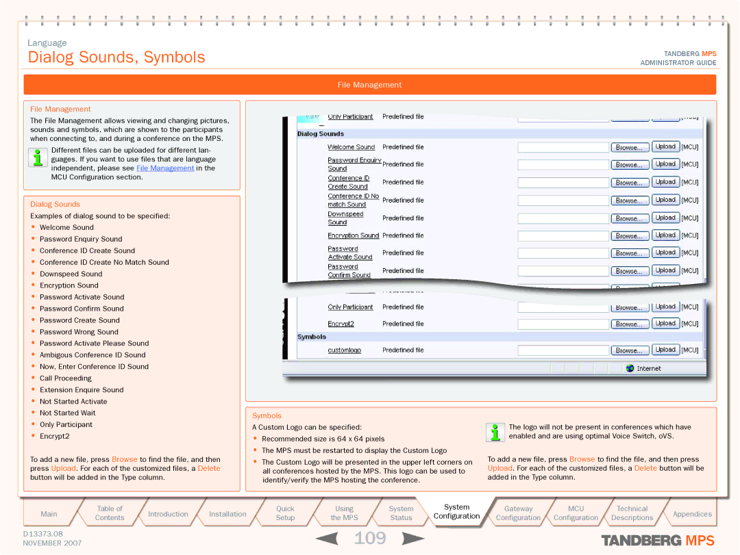 TANDBERG MPS 800, MPS 200 manual 109, Dialog Sounds, Symbols 