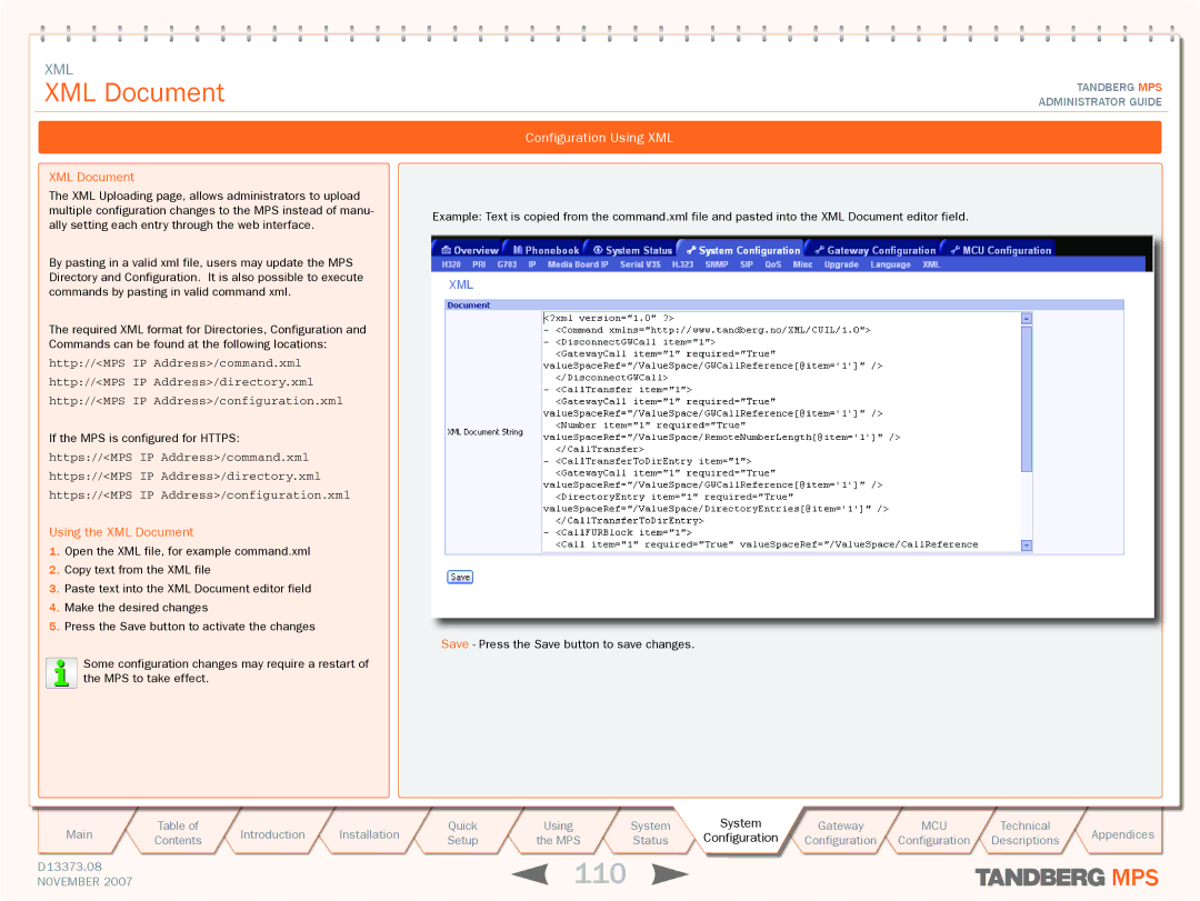 TANDBERG MPS 200, MPS 800 manual 110, Configuration Using XML, Using the XML Document 