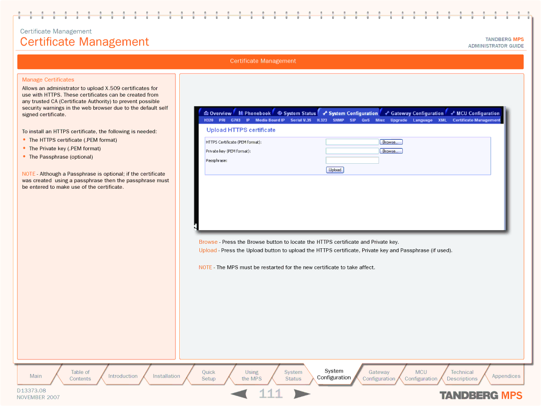 TANDBERG MPS 800, MPS 200 manual 111, Certificate Management, Manage Certificates 