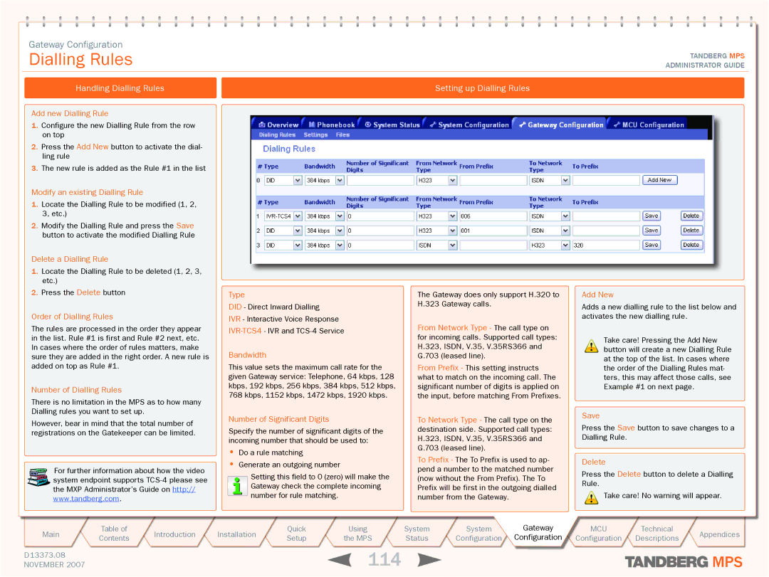 TANDBERG MPS 200, MPS 800 manual 114, Handling Dialling Rules, Setting up Dialling Rules 