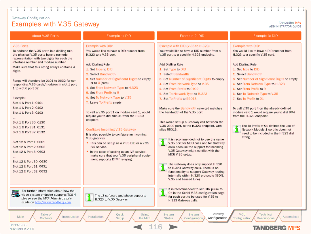 TANDBERG MPS 200, MPS 800 manual 116, Examples with V.35 Gateway, About V.35 Ports, Example 1 did, Example 2 did 