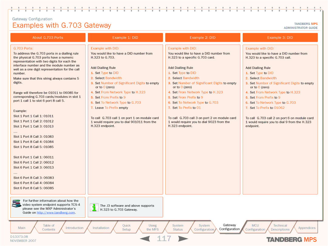 TANDBERG MPS 800, MPS 200 117, Examples with G.703 Gateway, About G.703 Ports, Example 1 did Example 2 did Example 3 did 