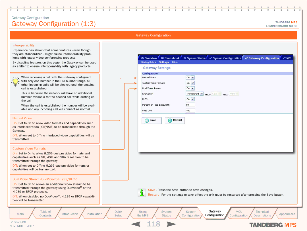 TANDBERG MPS 200, MPS 800 manual 118, Gateway Configuration, Interoperability, Natural Video, Custom Video Formats 