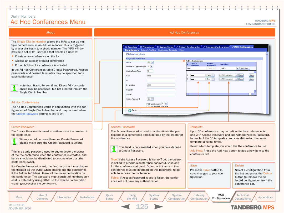 TANDBERG MPS 800, MPS 200 manual 125, Ad Hoc Conferences Menu 