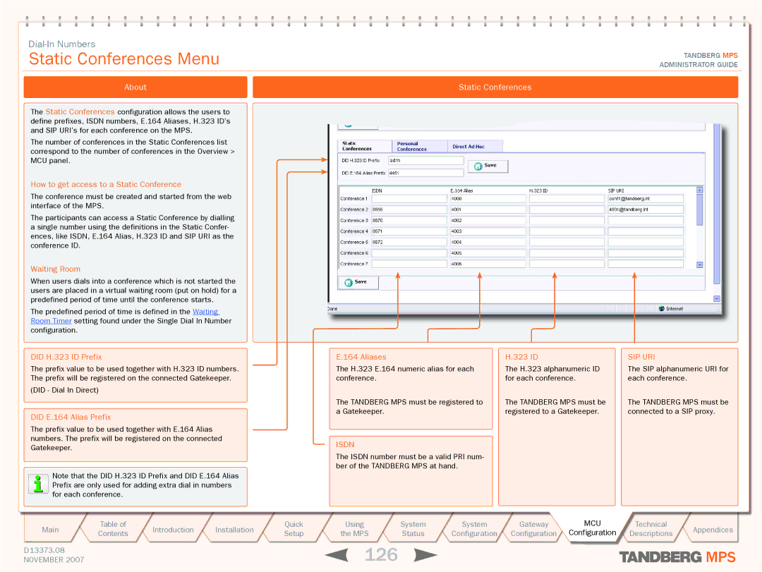 TANDBERG MPS 200, MPS 800 manual 126, Static Conferences Menu 