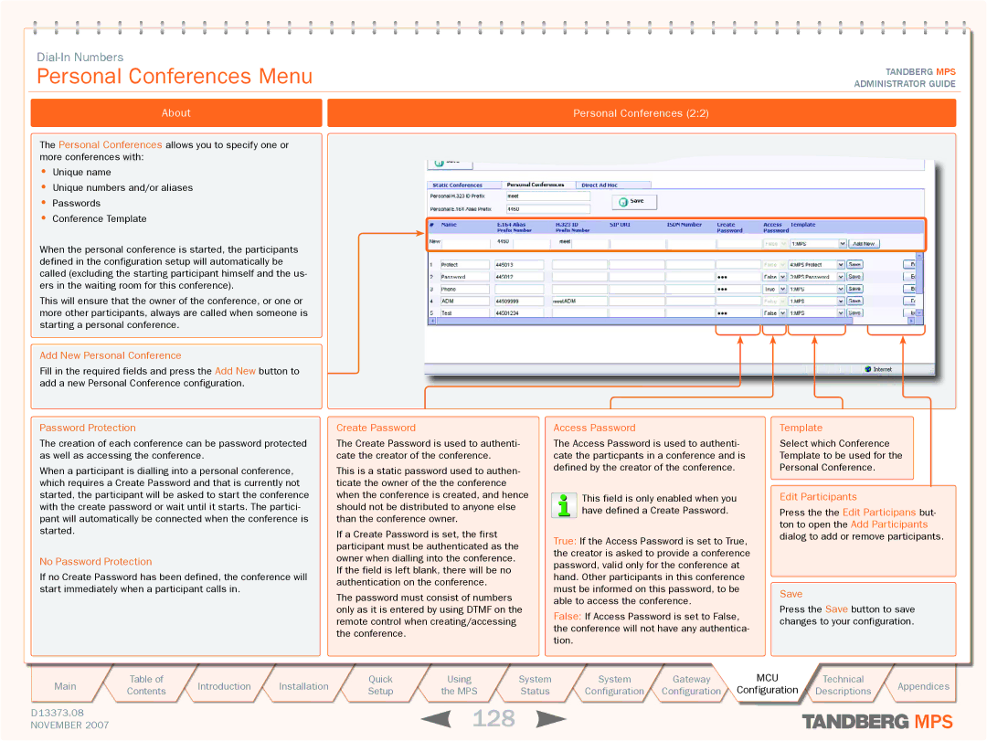 TANDBERG MPS 200, MPS 800 manual 128, No Password Protection, Edit Participants 