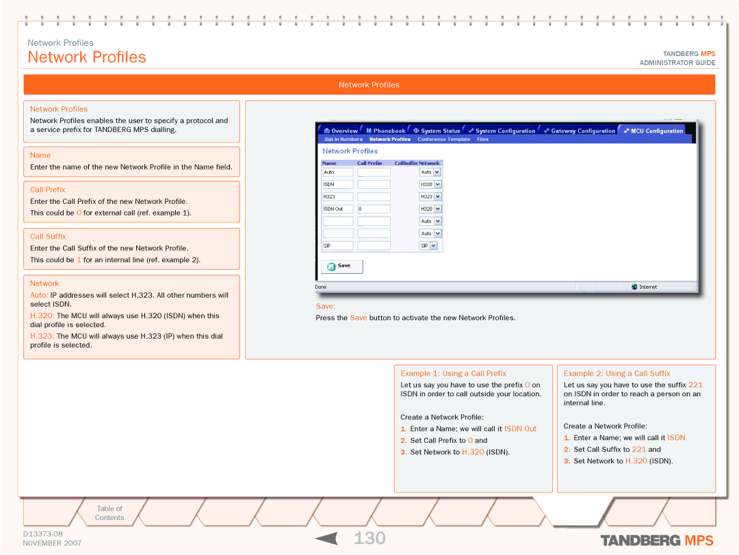 TANDBERG MPS 200, MPS 800 manual 130, Network Profiles 