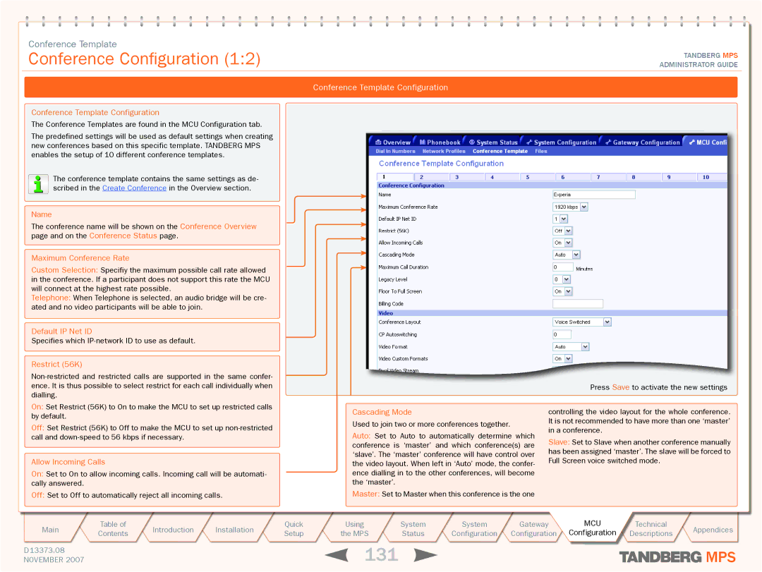 TANDBERG MPS 800, MPS 200 manual 131, Conference Template Configuration 