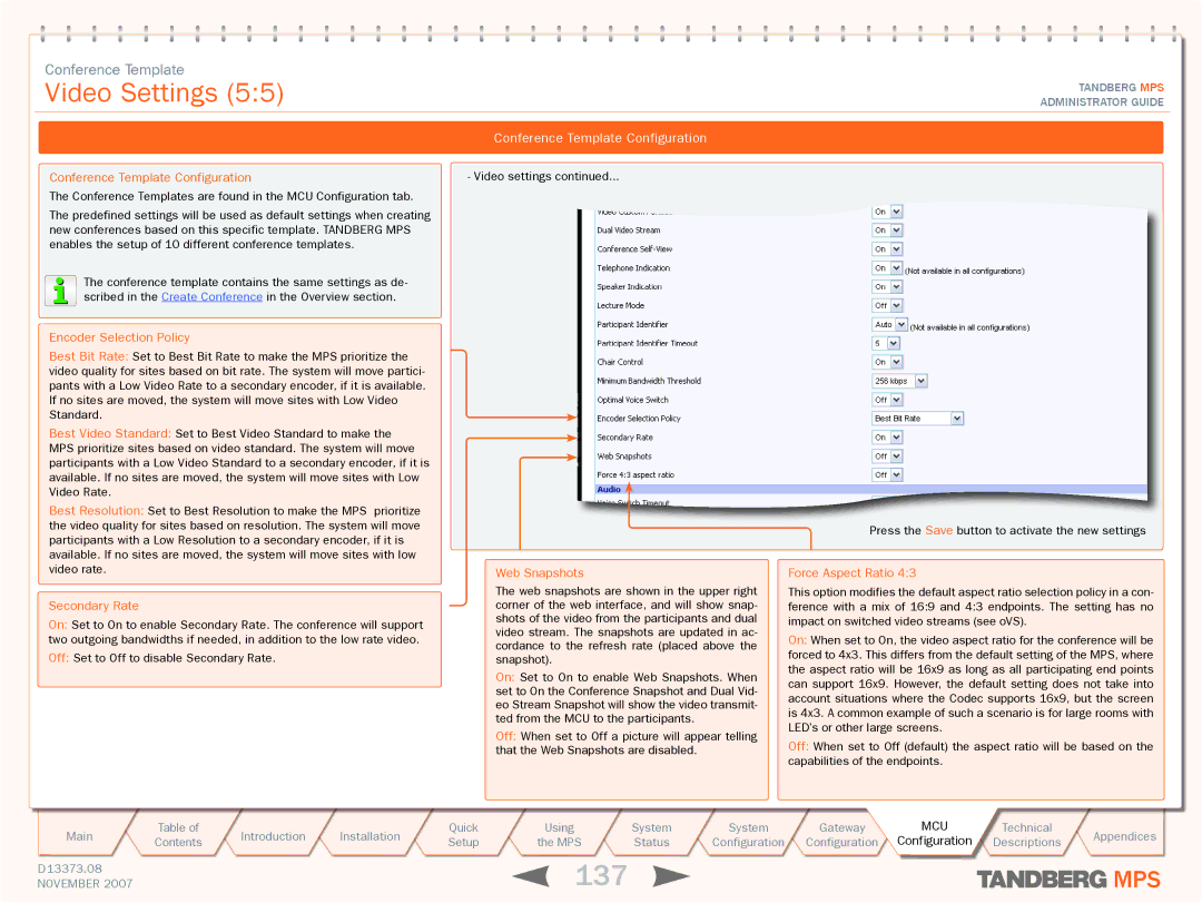 TANDBERG MPS 800, MPS 200 manual 137, Force Aspect Ratio 