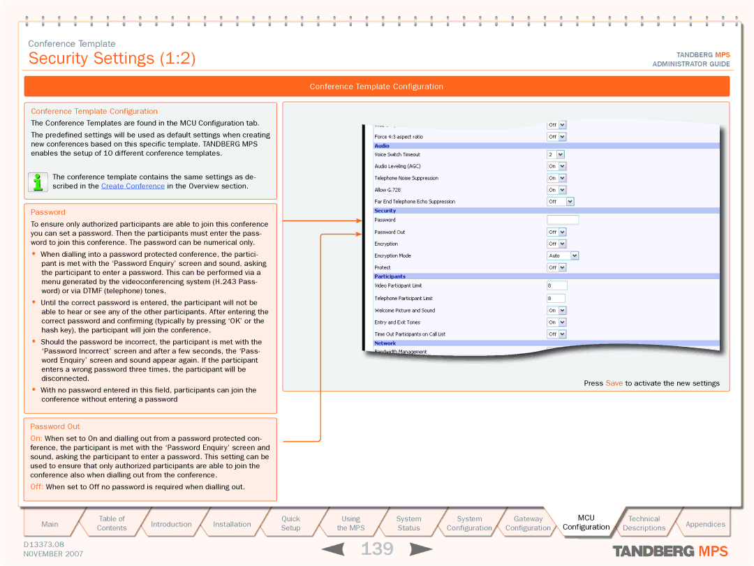 TANDBERG MPS 800, MPS 200 manual 139, Security Settings 