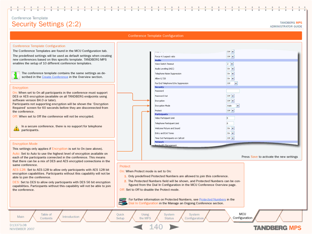 TANDBERG MPS 200, MPS 800 manual 140, Encryption 