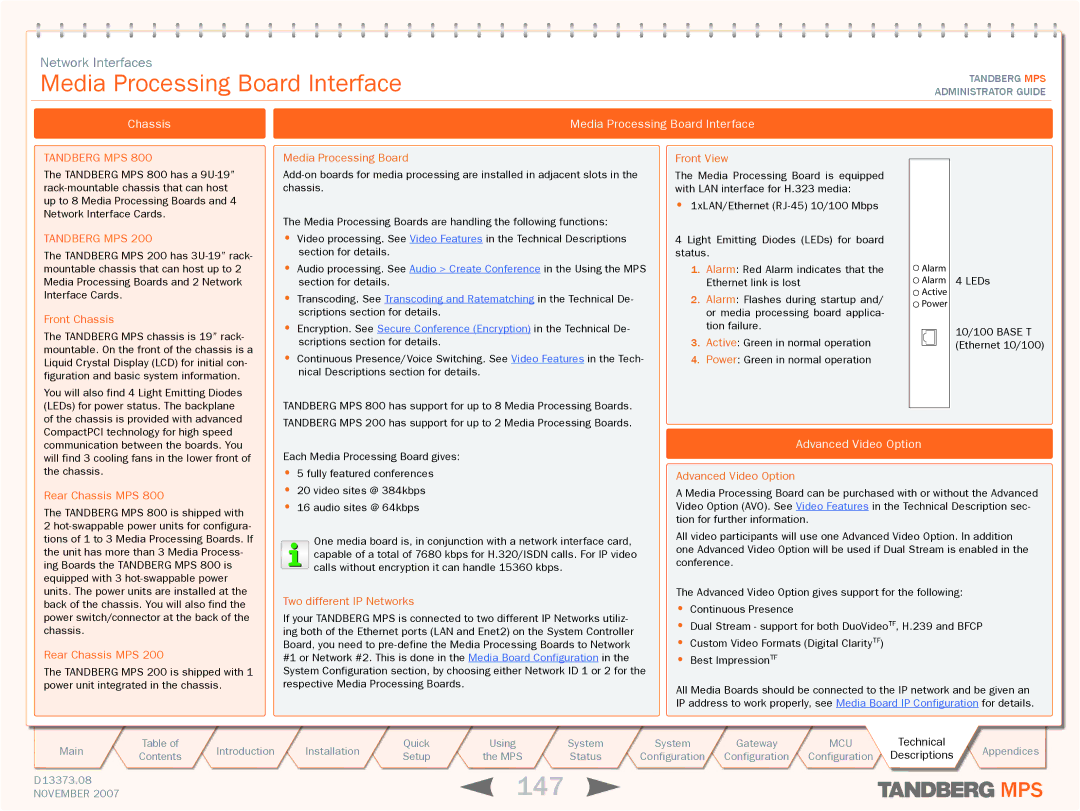 TANDBERG MPS 800, MPS 200 manual 147, Media Processing Board Interface, Chassis, Advanced Video Option 