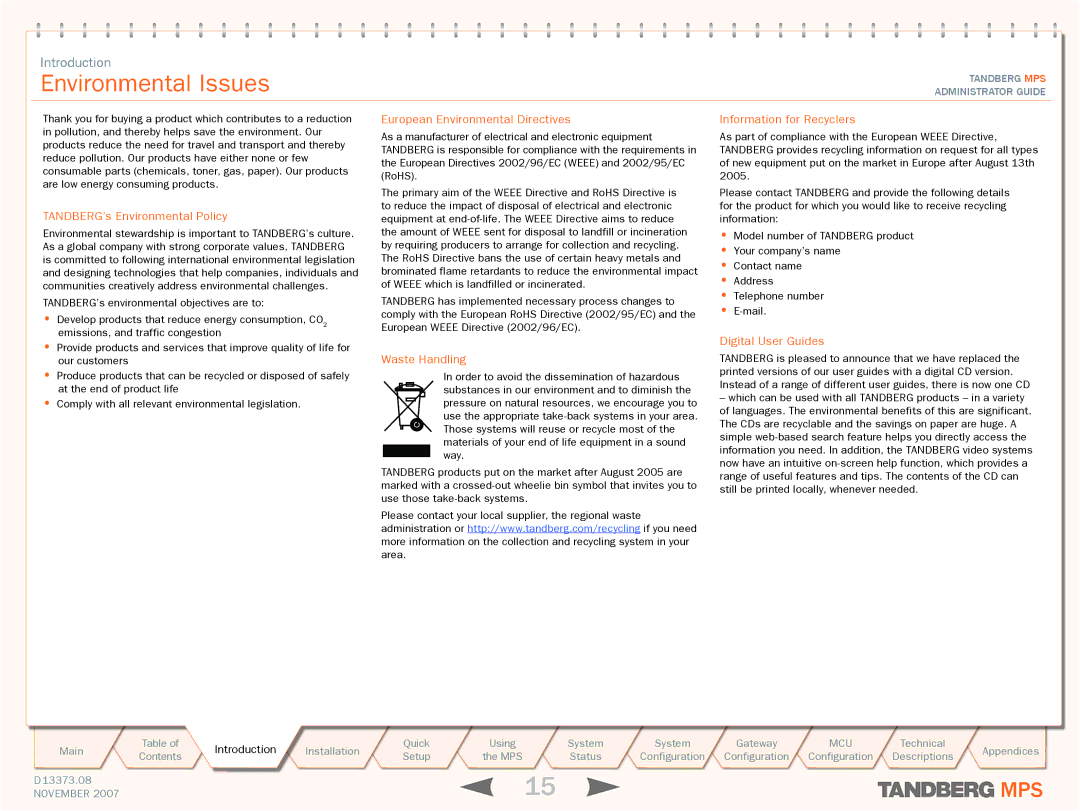 TANDBERG MPS 800, MPS 200 manual Environmental Issues, TANDBERG’s Environmental Policy 