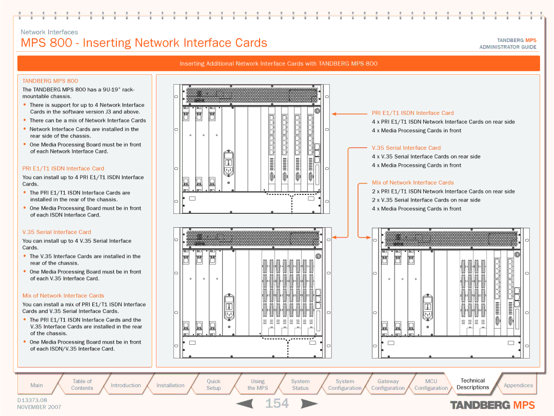 TANDBERG MPS 200 154, MPS 800 Inserting Network Interface Cards, PRI E1/T1 Isdn Interface Card, Serial Interface Card 