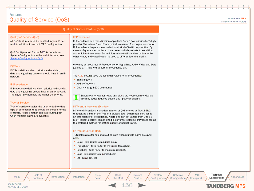TANDBERG MPS 200, MPS 800 manual 156, Quality of Service QoS, Quality of Service Feature QoS 