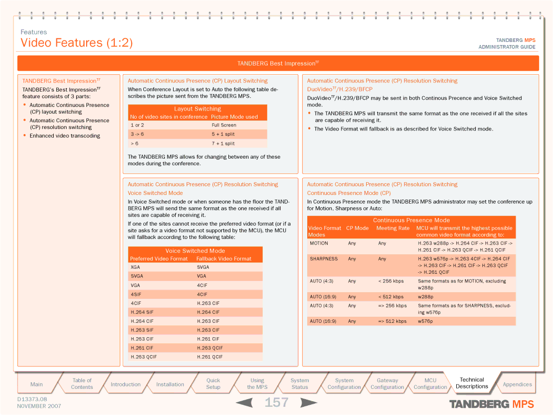 TANDBERG MPS 800, MPS 200 manual 157, Video Features 