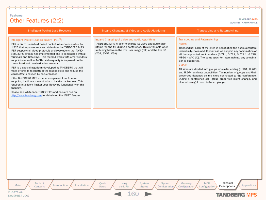 TANDBERG MPS 200, MPS 800 manual 160, Intelligent Packet Loss Recovery, Inband Changing of Video and Audio Algorithms 