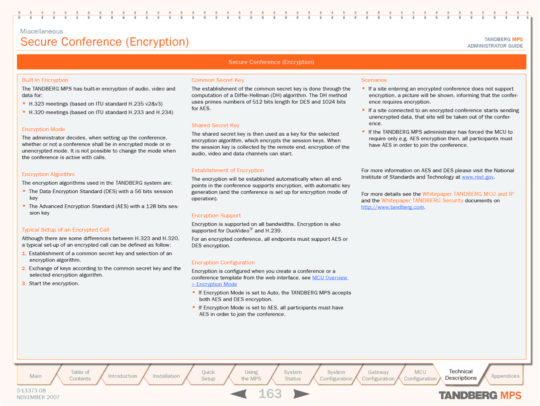 TANDBERG MPS 800, MPS 200 manual 163, Secure Conference Encryption 