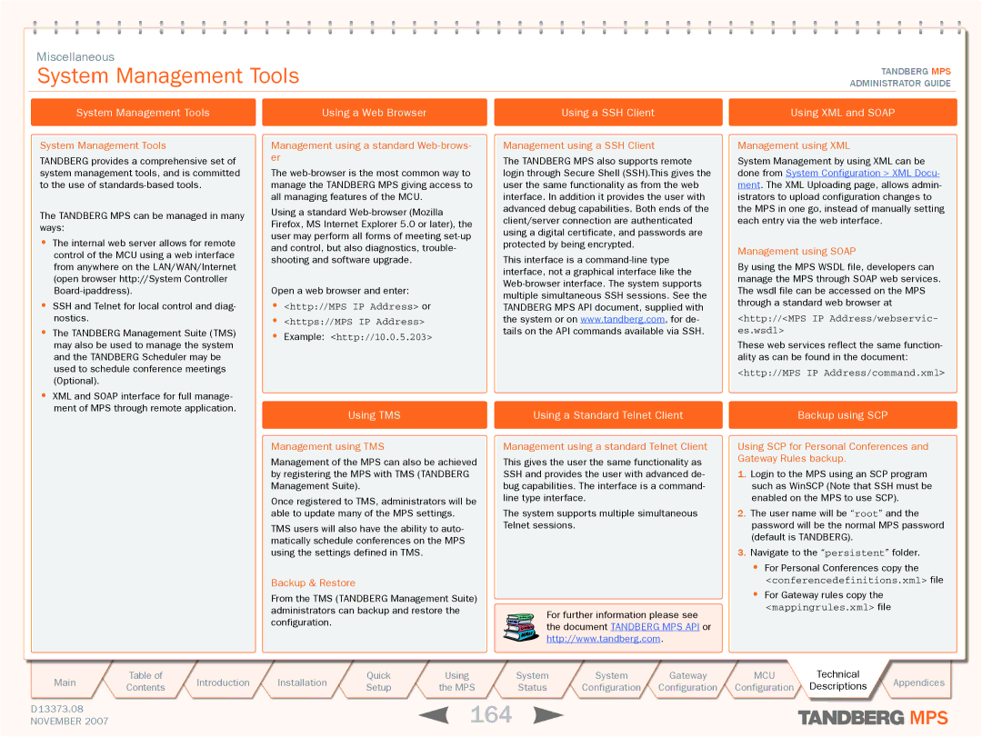 TANDBERG MPS 200, MPS 800 manual 164, System Management Tools 