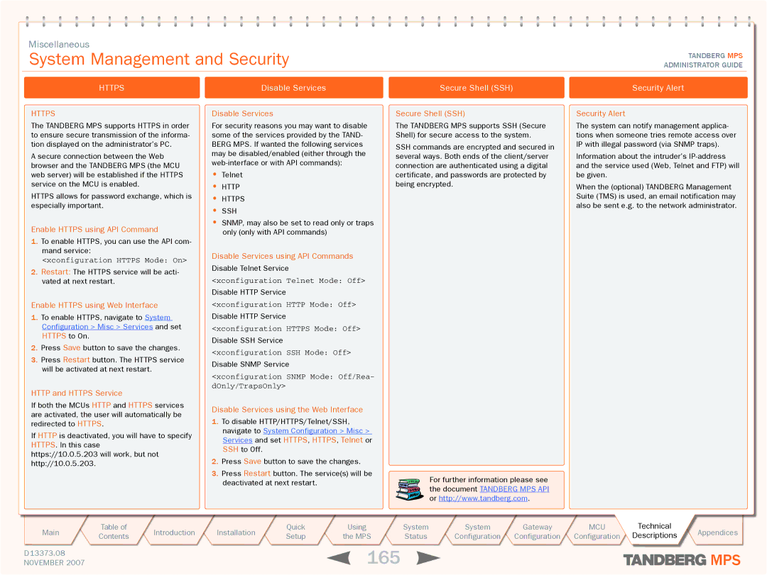 TANDBERG MPS 800, MPS 200 manual 165, System Management and Security, Disable Services Secure Shell SSH Security Alert 