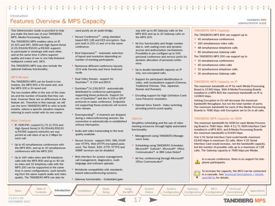 TANDBERG MPS 800, MPS 200 manual Features Overview & MPS Capacity, MPS Models 