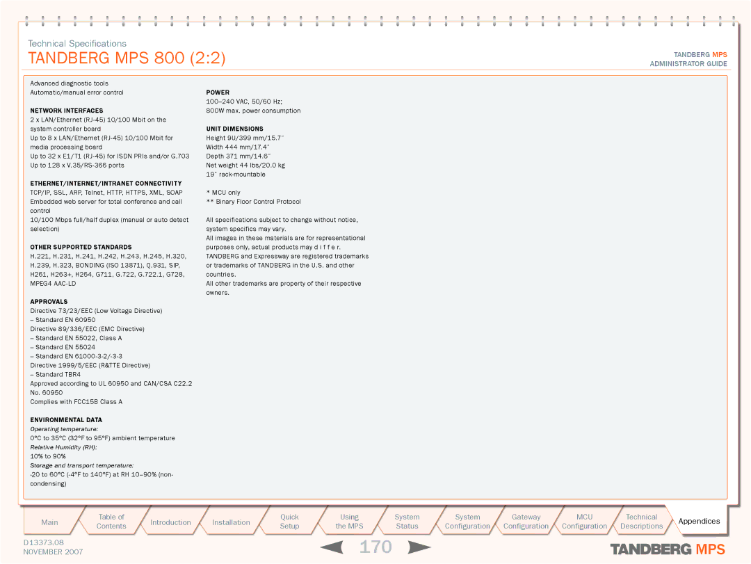 TANDBERG MPS 200, MPS 800 manual 170 