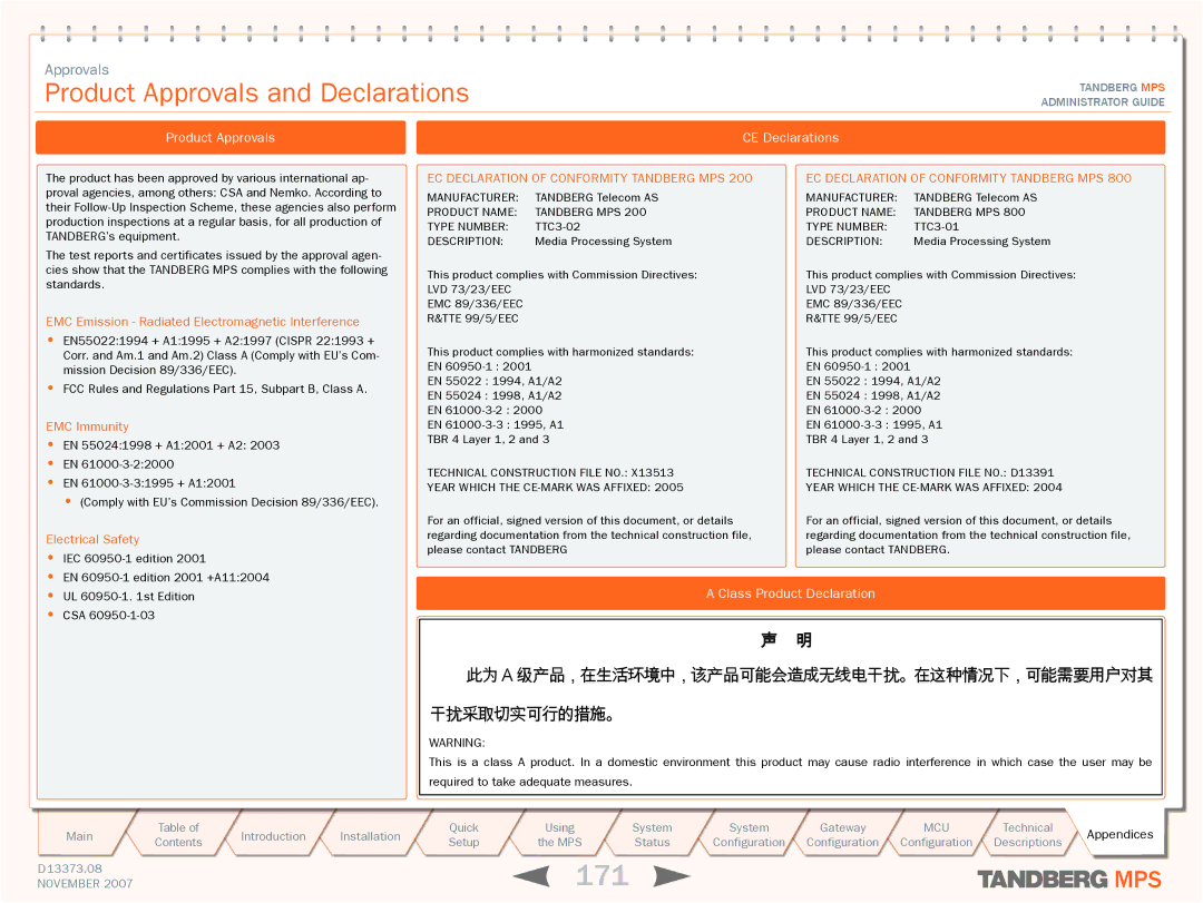 TANDBERG MPS 800, MPS 200 manual 171, Product Approvals and Declarations, Class Product Declaration, CE Declarations 