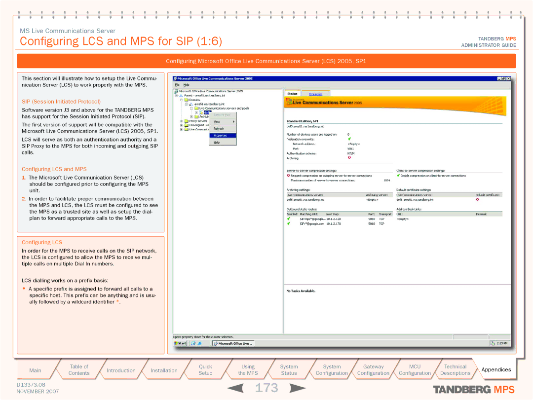 TANDBERG MPS 800, MPS 200 manual 173, Configuring LCS and MPS for SIP, SIP Session Initiated Protocol 