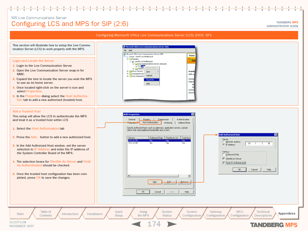 TANDBERG MPS 200, MPS 800 manual 174, Login and Locate the Server, Select the Host Authorization tab 