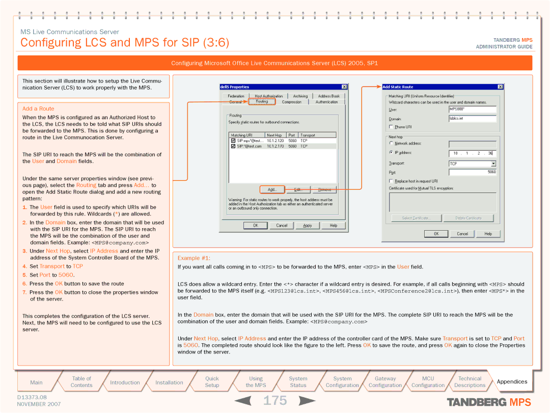 TANDBERG MPS 800, MPS 200 manual 175, Add a Route, Set Transport to TCP Set Port to Example #1 